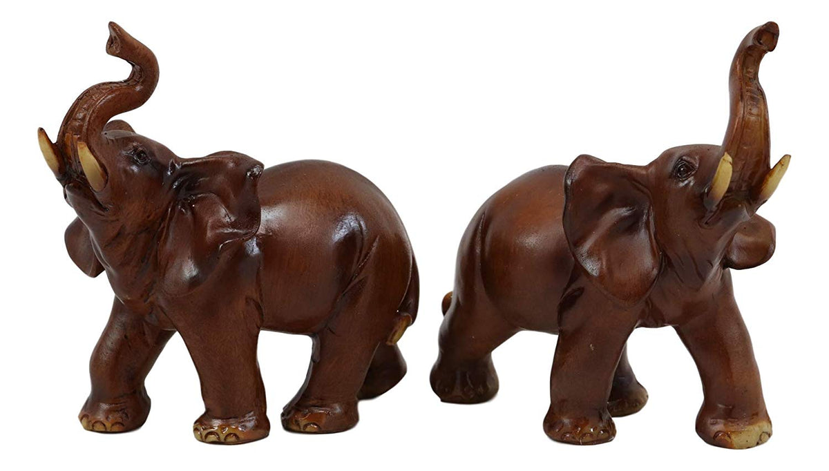Ebros Faux Wood Feng Shui Elephant with Trunk Up Statue Set of 2 Thai Buddhism - Ebros Gift