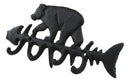 Cast Iron 9" Rustic Forest Black Bear On Fish Bone 4 Pegs Wall Hook Decor Plaque