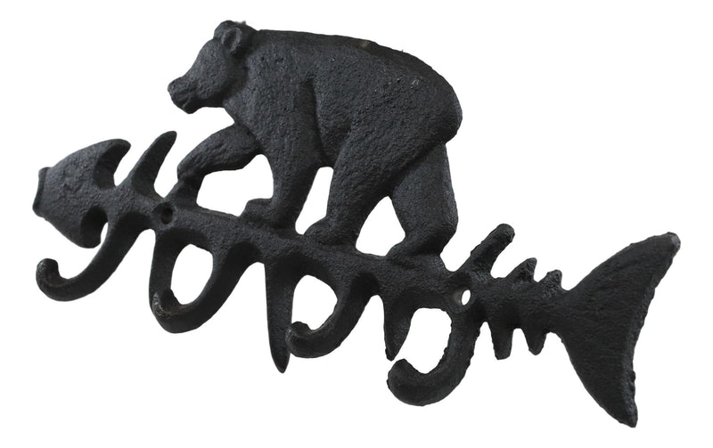 Cast Iron 9" Rustic Forest Black Bear On Fish Bone 4 Pegs Wall Hook Decor Plaque
