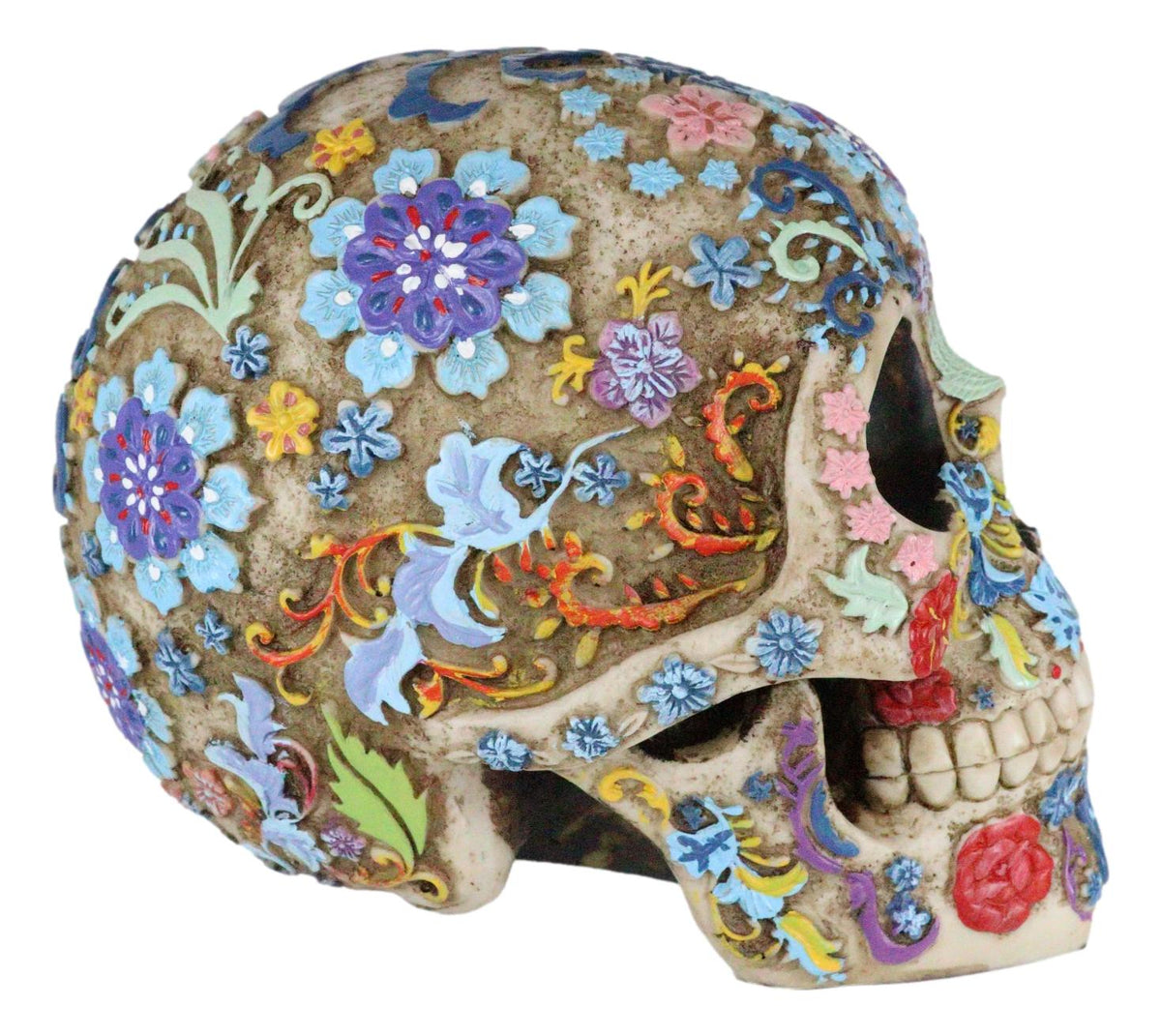 Ebros Colorful Day Of The Dead Floral Sugar Skull Statue Skeleton Head Sculpture - Ebros Gift