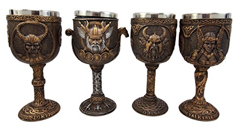 Ebros Odin Valkyrie Loki Battle Longship 7oz Resin Wine Goblet Chalice Set of 4 - Ebros Gift