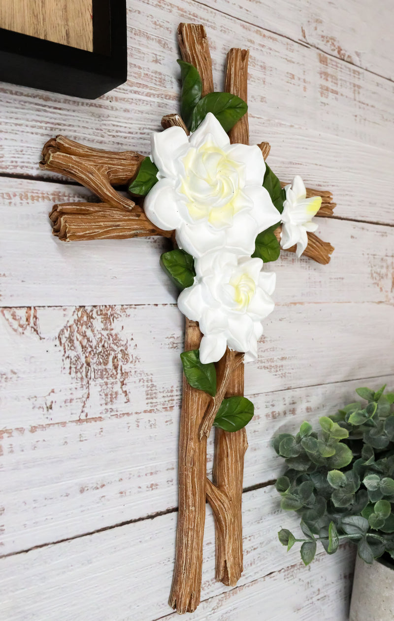 Rustic Western White Magnolia Flowers On Faux Wooden Branches Sympathy Wall Cros