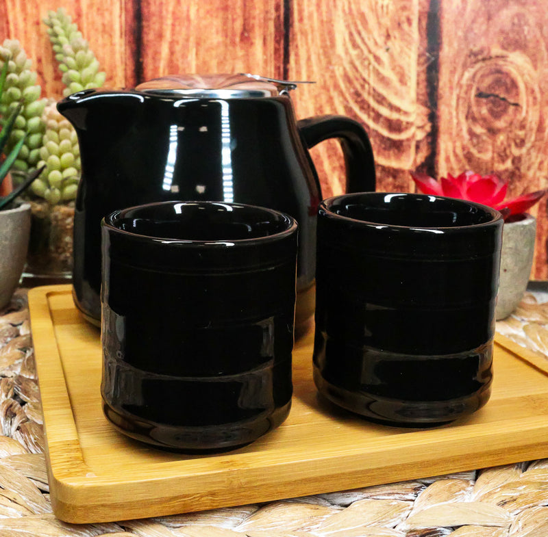 Ebros Midnight Black Contemporary Ceramic 20oz Tea Pot With 2 Cups And Bamboo Tray Set