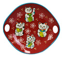 Red Maneki Neko Lucky Cats Appetizer Coupe Plate Flat Bowl With Chopsticks Set