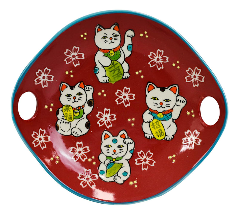 Red Maneki Neko Lucky Cats Appetizer Coupe Plate Flat Bowl With Chopsticks Set