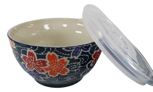 Ebros Set of 2 Ceramic Blue Cherry Blossoms Portion Meal Bowls 3 Cups Airtight Lid