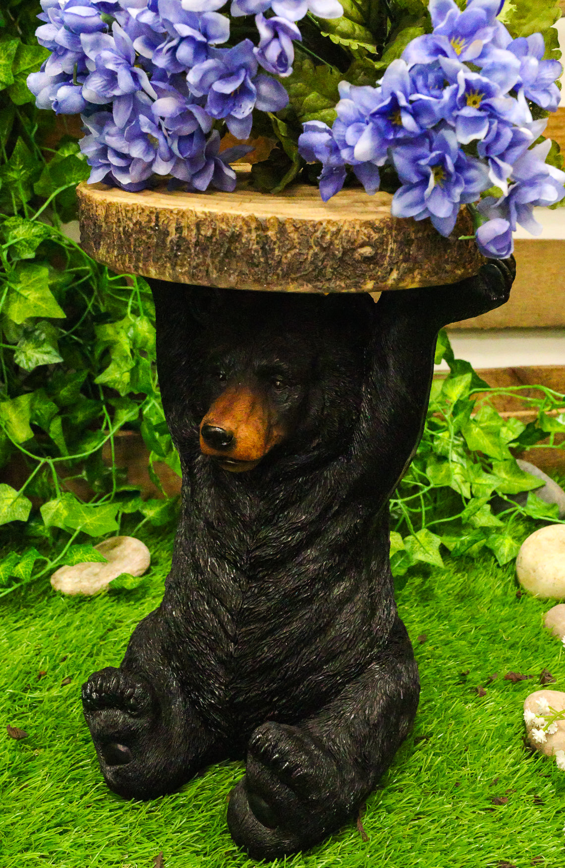 Rustic Western Black Bear Cub Holding Faux Wood Slice Table Stand Figurine