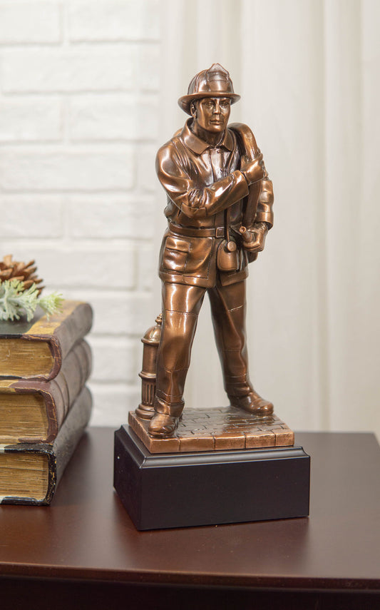 In Line Of Duty Fireman Carrying Hose By Hydrant Statue 12"H Fire Fighter Decor - Ebros Gift