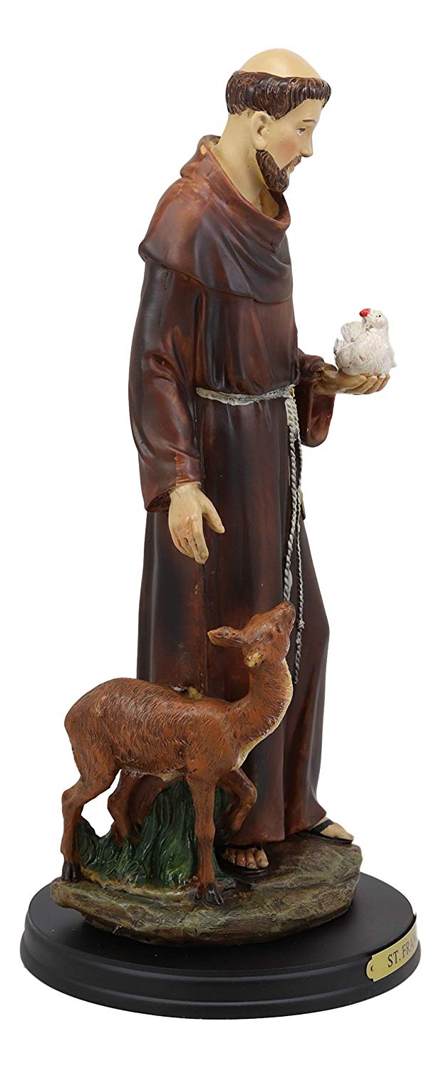 Ebros Gift Holy Catholic Saint Francis of Assisi with Dove and Deer Statue and Brass Name Plate 12.25" H Devoted Monk Patron of Animals & Environment Servant of Christ Altar Figurine Sculpture - Ebros Gift