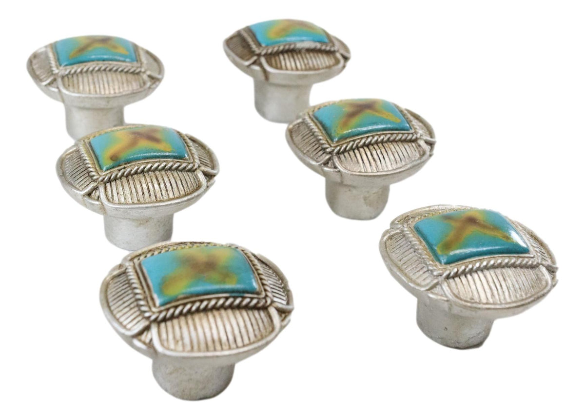 Set Of 6 Western Rustic Turquoise Silver Ropes Cross Cabinet Door Pull Knobs