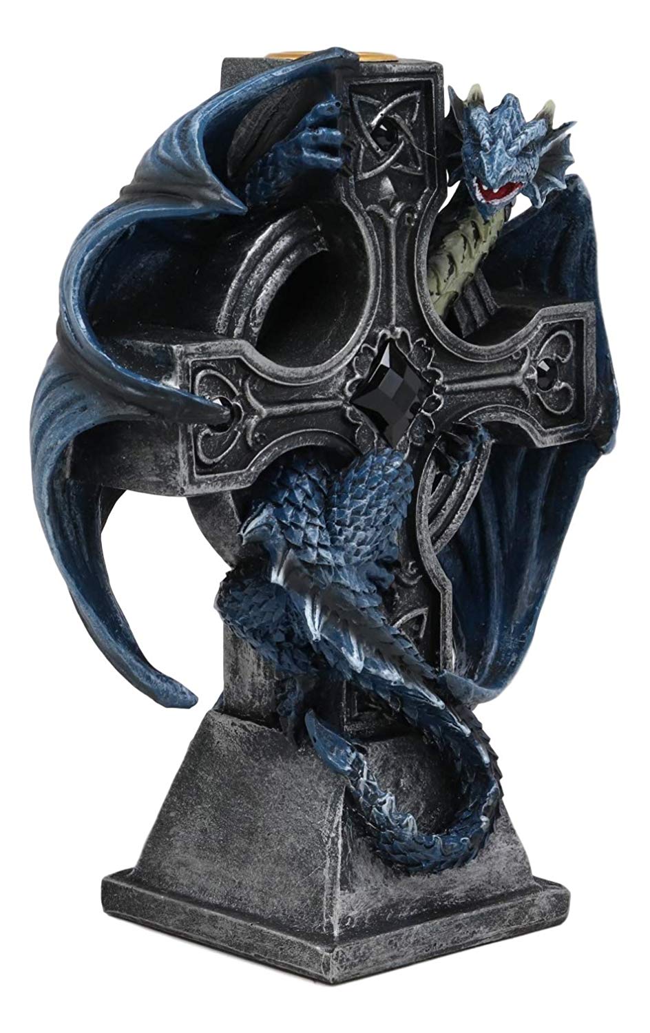 Ebros Gothic Blue Thracian Dragon Altar Drake Cross Candle Holder Figurine 7" Tall Candleholder Statue Medieval Renaissance Fantasy Decor Dungeons and Dragons Accent Centerpiece - Ebros Gift
