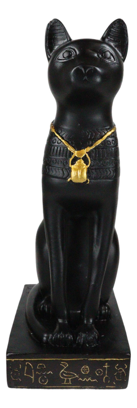 Egyptian Feline Goddess Sitting Cat Bastet With Golden Scarab Necklace Figurine