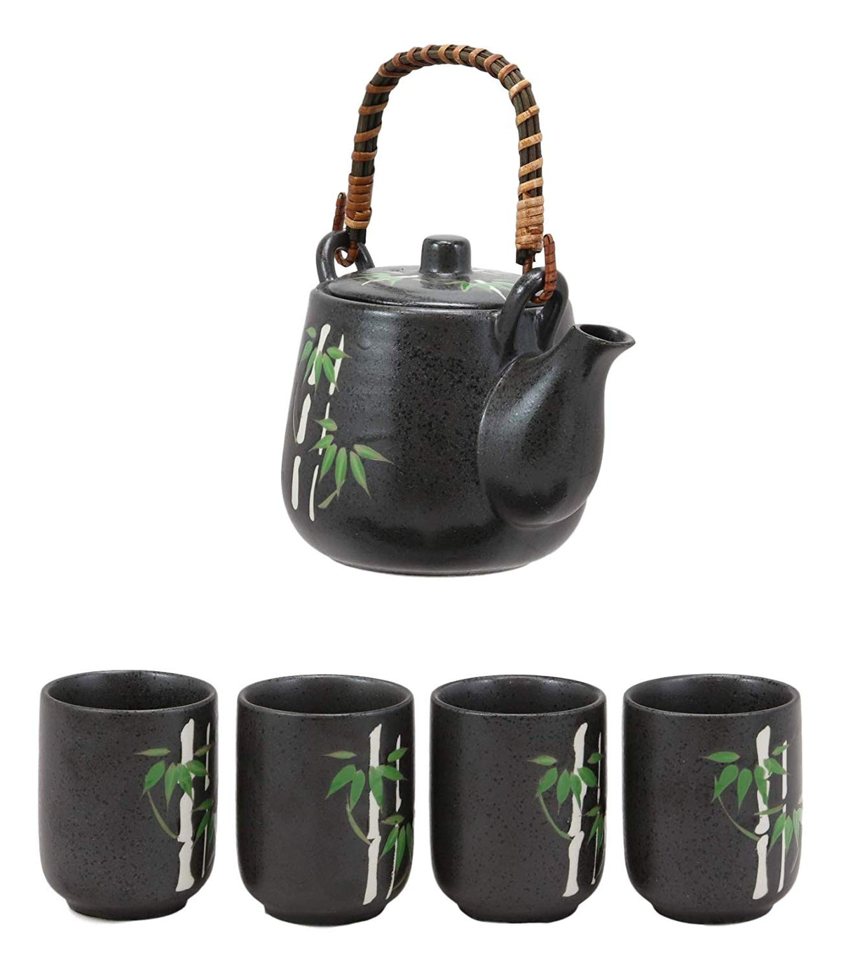 Ebros China Winter Lucky Bamboo Design Porcelain Black 20oz Tea Pot and 4 Cups Set - Ebros Gift