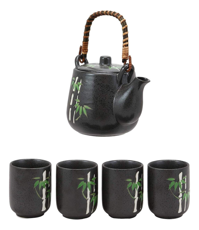 Ebros China Winter Lucky Bamboo Design Porcelain Black 20oz Tea Pot and 4 Cups Set