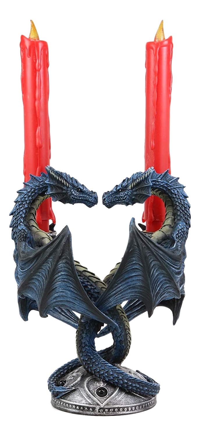 Dragon Heart Altar Drake Candleabra Candle Holder Twin Dragons Figurine 9"Tall - Ebros Gift