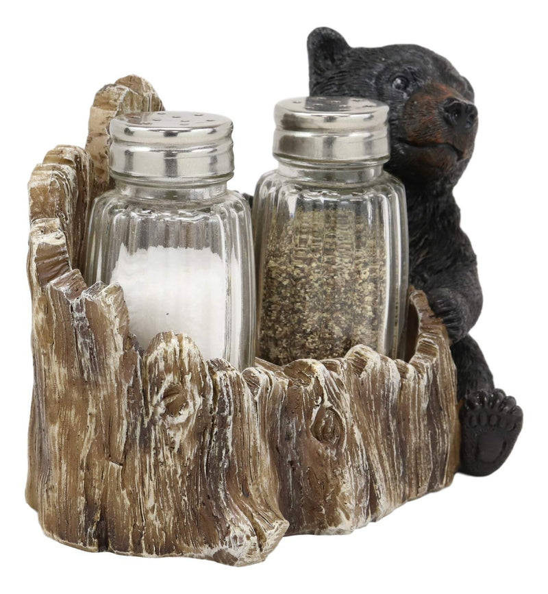 Ebros Rustic Woodland Black Bear Cub Hugging Tree Stump Figurine Display Holder With Glass Salt And Pepper Shakers Bears Home Kitchen Dining Decorative Statue 6.25" L Cabin Lodge Mountainside Decor