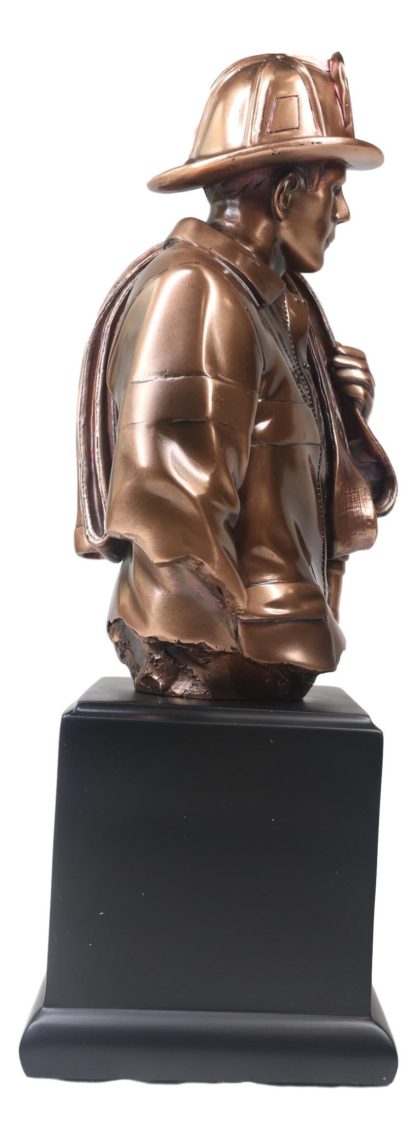 Fireman Carrying Fire Fighter Hose Reel Portrait Bust On Trophy Base Statue - Ebros Gift