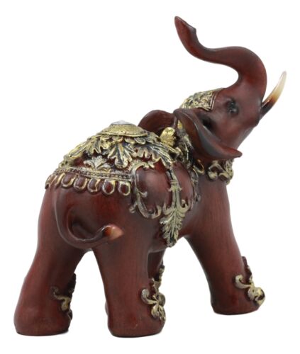 Faux Wood Decorated Thai Buddhism Noble Elephant With Trunk Up Statue 6.25"L