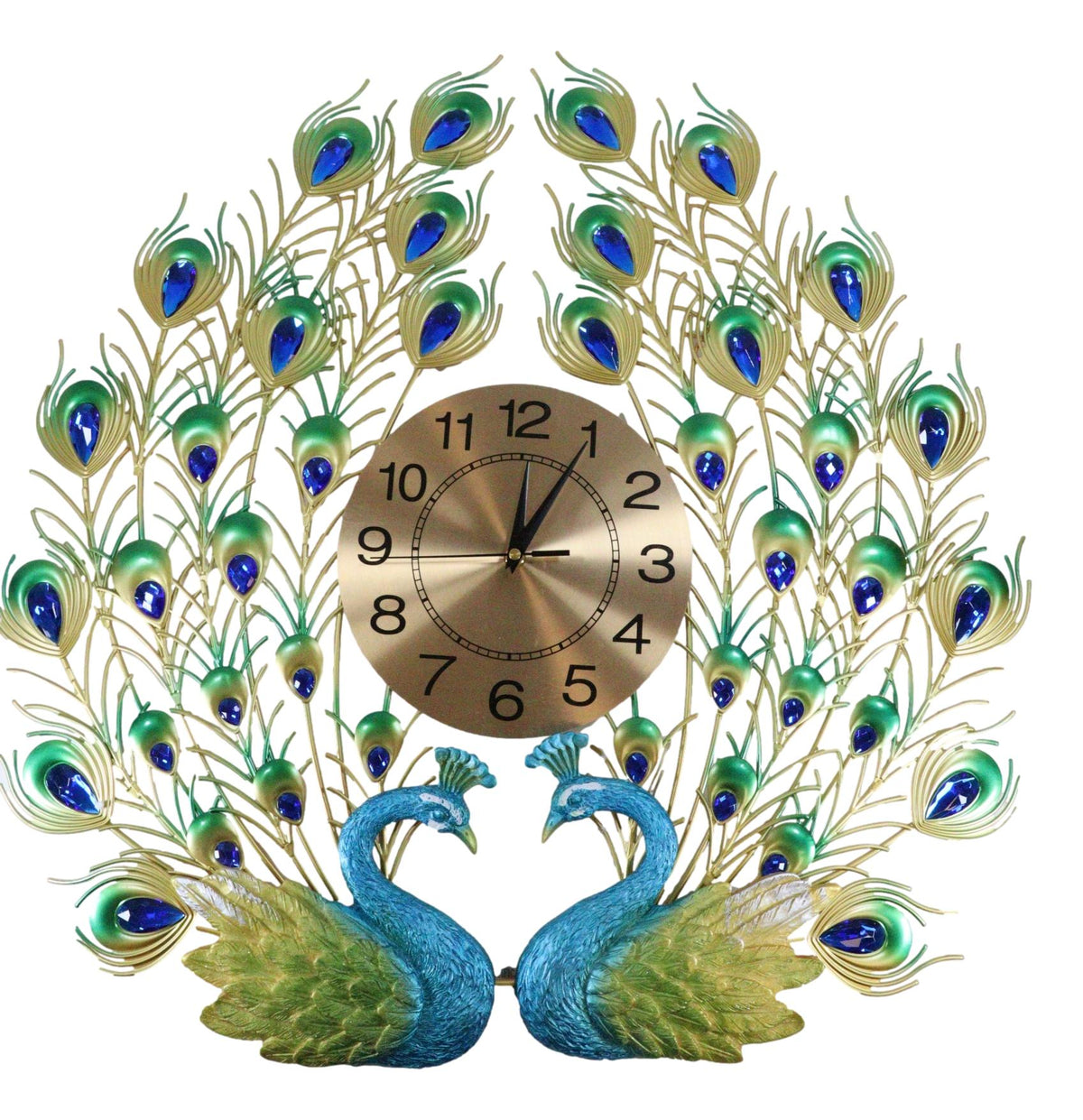 25"H Large Valentine Lover Peacocks Iris Gold Plated Colorful Metal Wall Clock