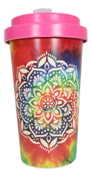 Sacred Rainbow Tie Dye Mandala Flower Reusable Travel Mug Cup W/ Lid And Sleeve