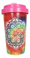 Sacred Rainbow Tie Dye Mandala Flower Reusable Travel Mug Cup W/ Lid And Sleeve