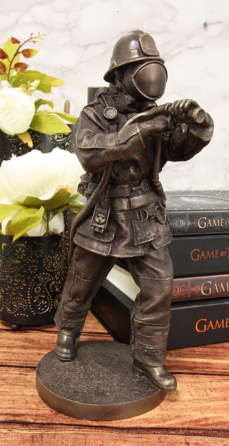 Heroic Fireman Fire Fighter In Full Turnout Gear Attire Carrying Hose Statue