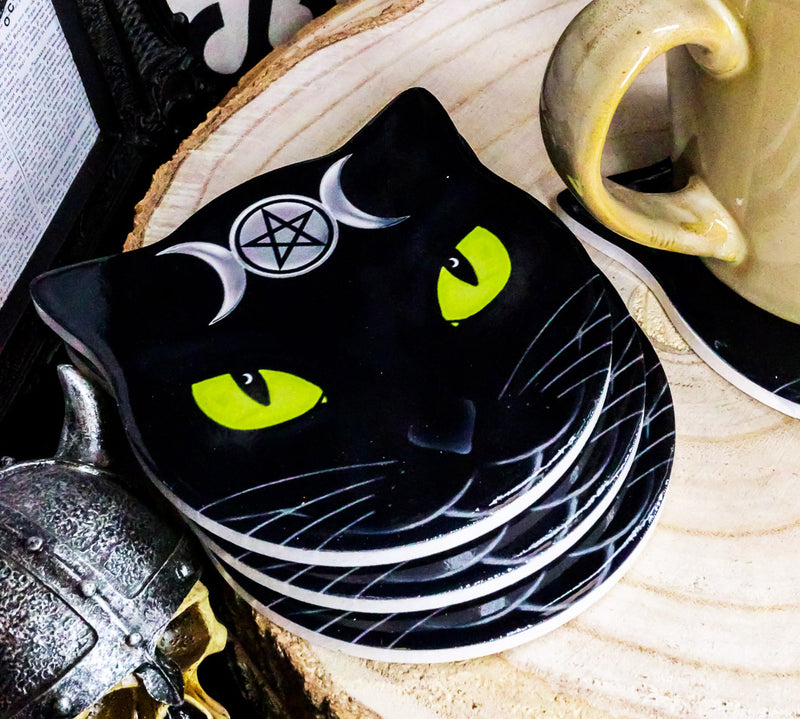 Ebros Wicca Black Cat Face Triple Moon Goddess Cork Backed Ceramic Coasters 4pcs