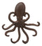 6.5"H Cast Iron Nautical Sea Octopus Wall Hook Cthulhu Kraken In Rustic Bronze