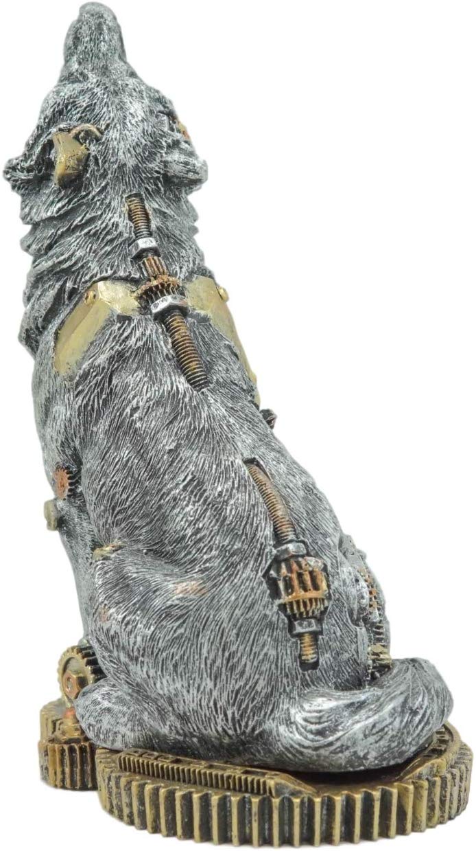 Ebros Steampunk Silver Alpha Wolf Howling Statue with Gears Base 7.5"H Figurine - Ebros Gift