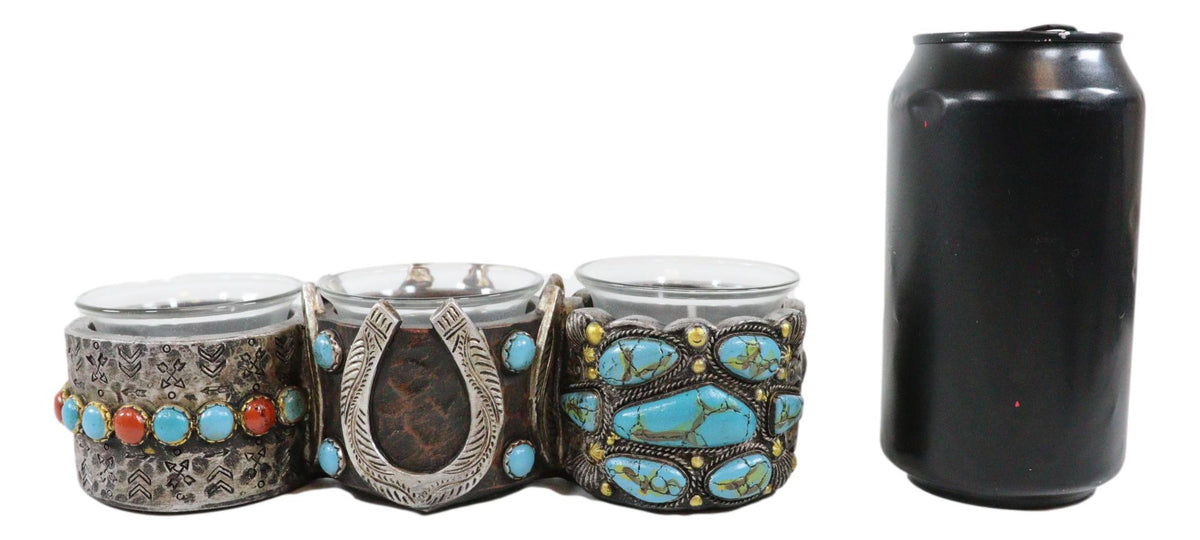 Rustic Western Horseshoe Turquoise Pebble Rocks 3 Votive Candles Holder Accent