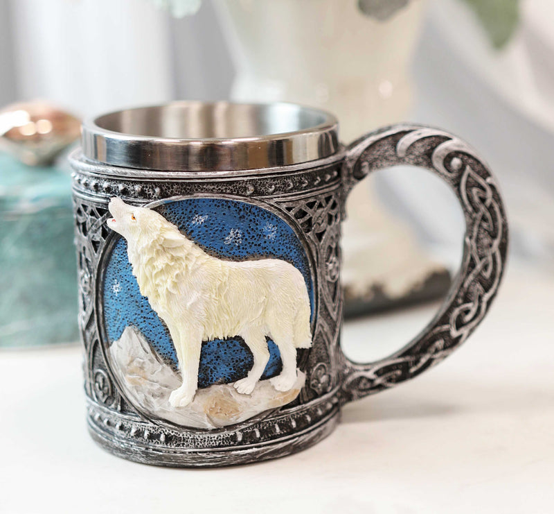 Celtic Howling Direwolf White Wolf At Starry Night Mountains Coffee Mug 14oz