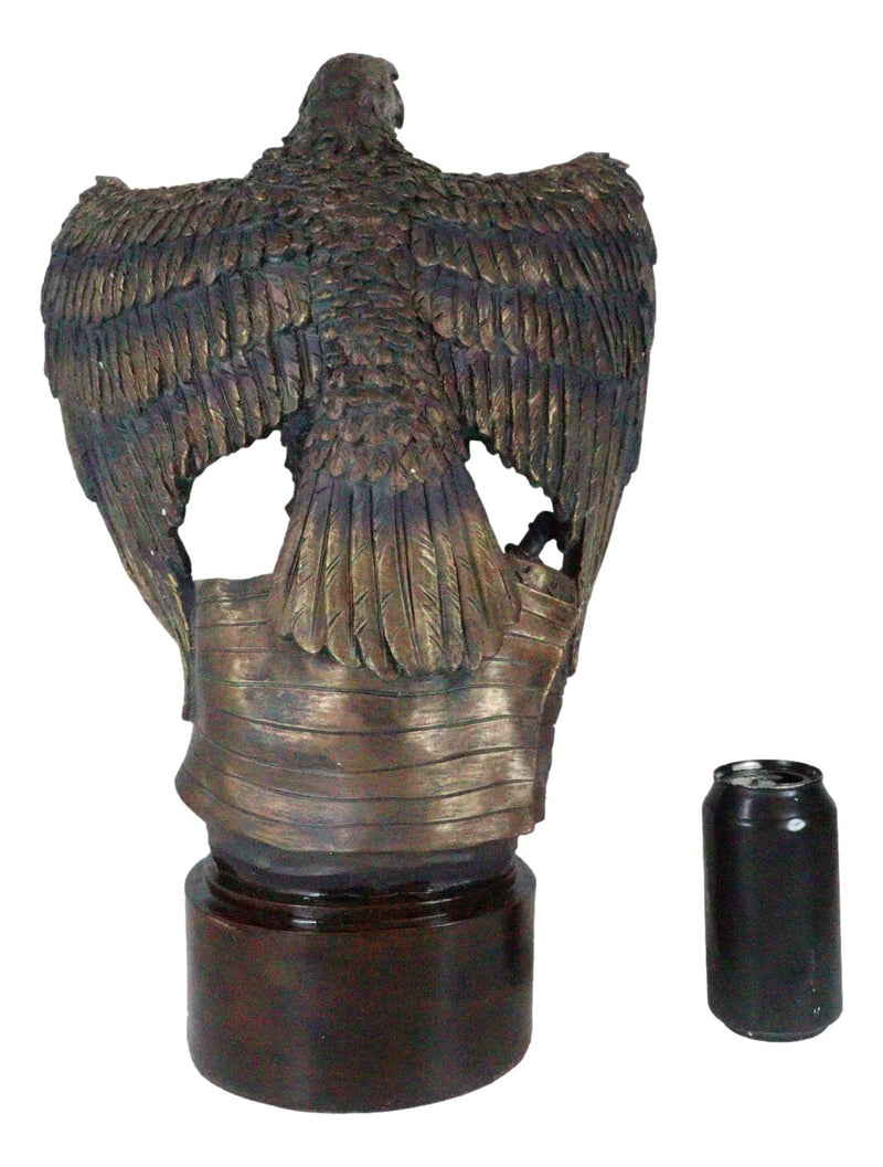 Large Grand Bald Eagle Perching On USA American Flag Figurine With Round Base