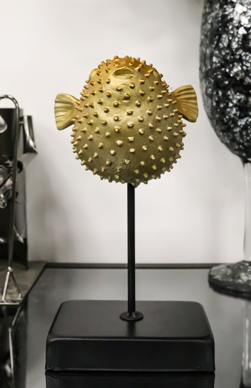 Coastal Marine Faux Taxidermy Golden Pufferfish Fish Sculpture On Pole Mount