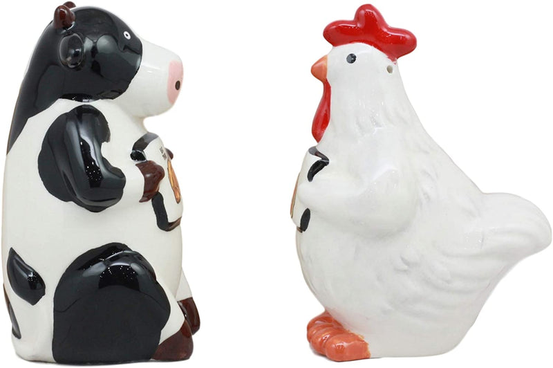 Holstein Cow and Hen Holding Steak & Roast Chicken Sign Salt Pepper Shakers Set