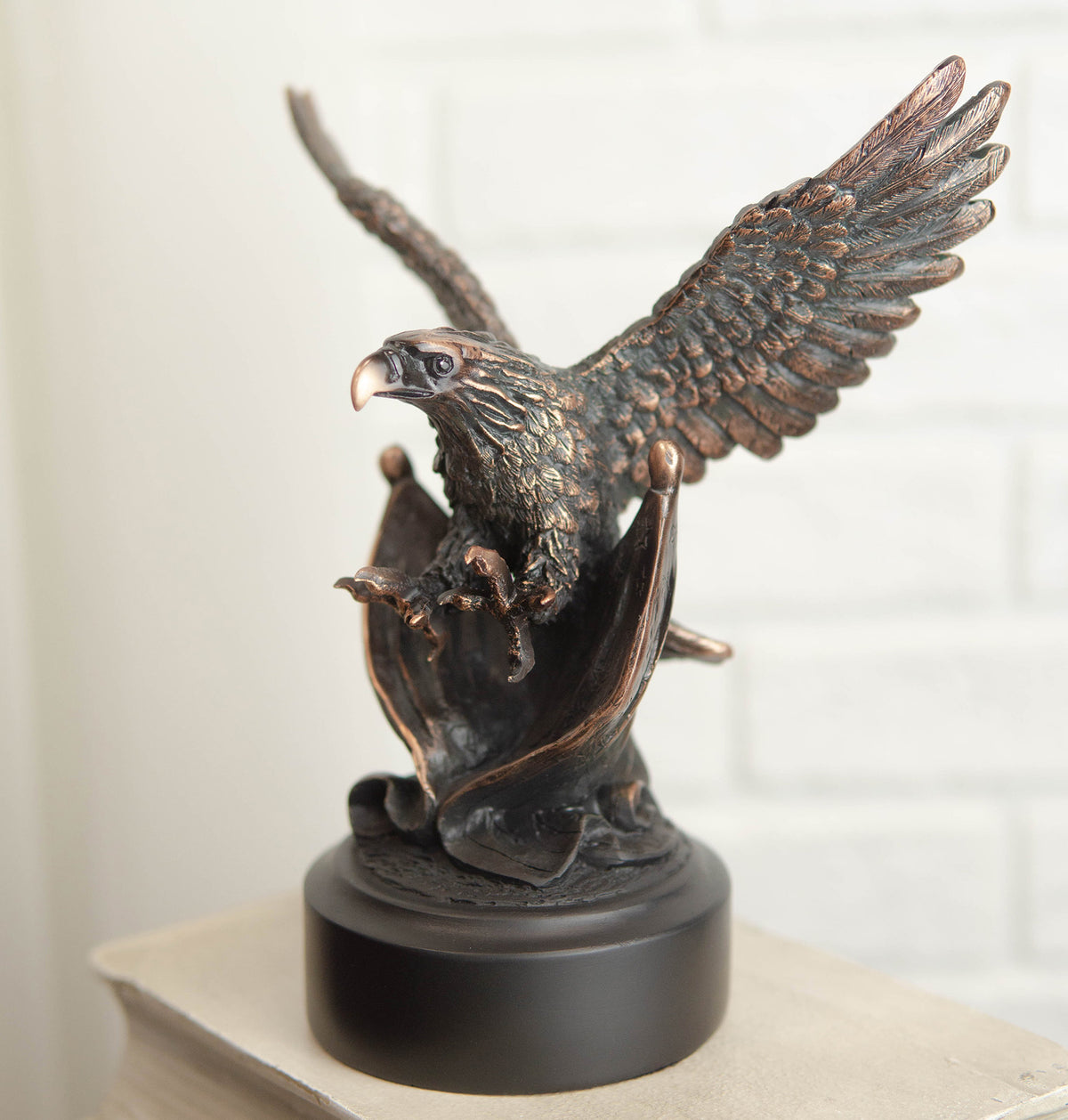 Ebros Majestic Wings of Glory Bald Eagle Swooping On American Flag Statue - Ebros Gift