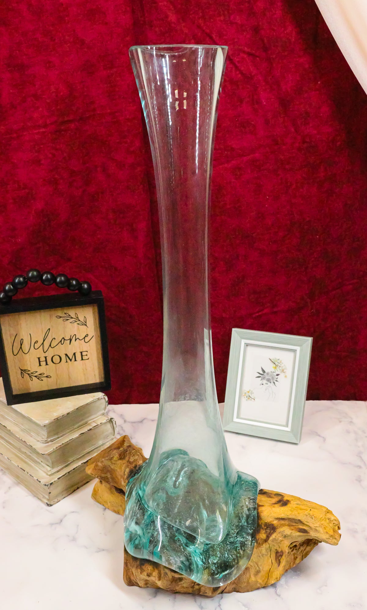 Balinese Gamal Driftwood With Long Necked Hand Blown Molten Glass Floral Vase - Ebros Gift