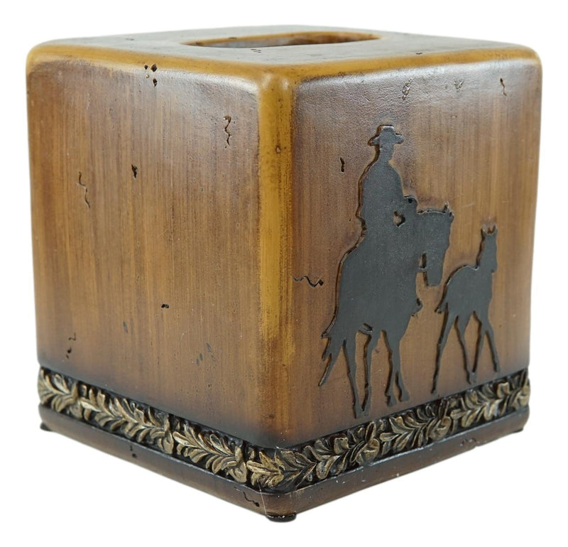 Rustic Western Cowboy With Horse And Foal Faux Wood Tissue Box Cover Home Decor
