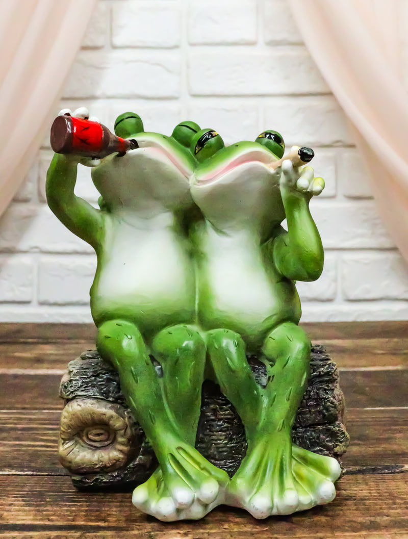 Party At My Pad Drinking Smoking Frog Couple On Forest Tree Log Bench Figurine