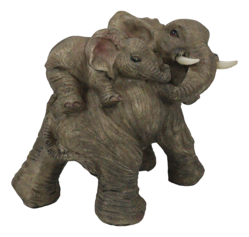 Small Wildlife Elephant Father Piggybacking Playful Calf Figurine 5.25"L