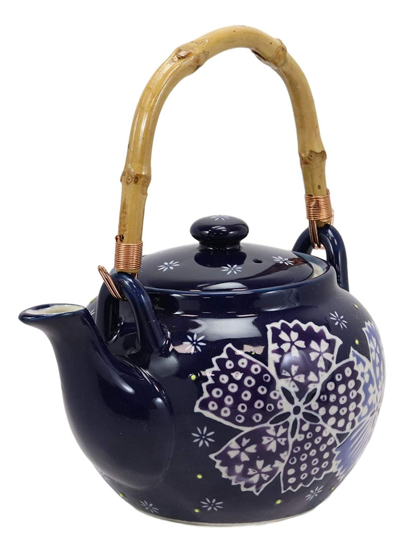 Ebros Blue Winter Frost Colorful Large Floral Blooms 25oz Tea Pot With 4 Cups Set