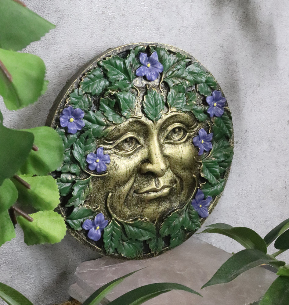 Ebros Bronzed Blooming Foliage Spring Celtic Greenman Wall Decor Periwinkle Flowers - Ebros Gift