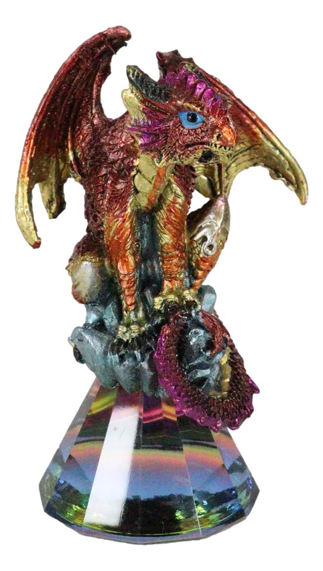 Red Iridescent Armored Rainbow Wyrmling Dragon On Faux Crystal Prism Figurine