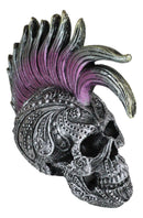 Silver Mohawk Purple Punk Haired Skull In Tooled Peacock Feathers Tattoo Statue