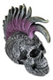 Silver Mohawk Purple Punk Haired Skull In Tooled Peacock Feathers Tattoo Statue
