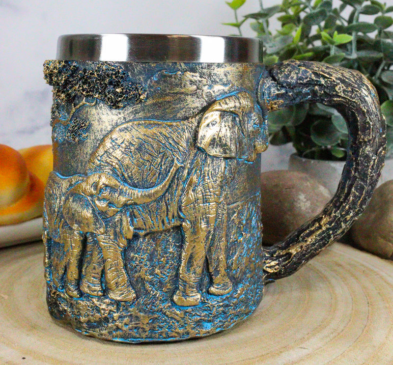 Ebros Safari Elephant& Calf Family Coffee Mug Textured Rustic Tree Bark Design