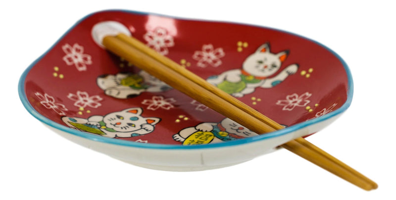 Red Maneki Neko Lucky Cats Appetizer Coupe Plate Flat Bowl With Chopsticks Set