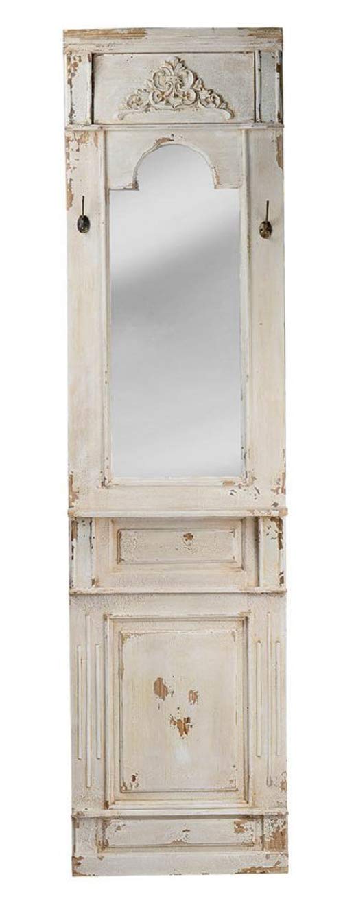 Ebros Gift 76" High Off White Distressed Fir Wood Rustic Vintage Antique Finish Wall Decorative Mirror With Oversized Frame And Two Hooks Bathroom Vanity Mudroom Entryway Living Room Decorative Accent