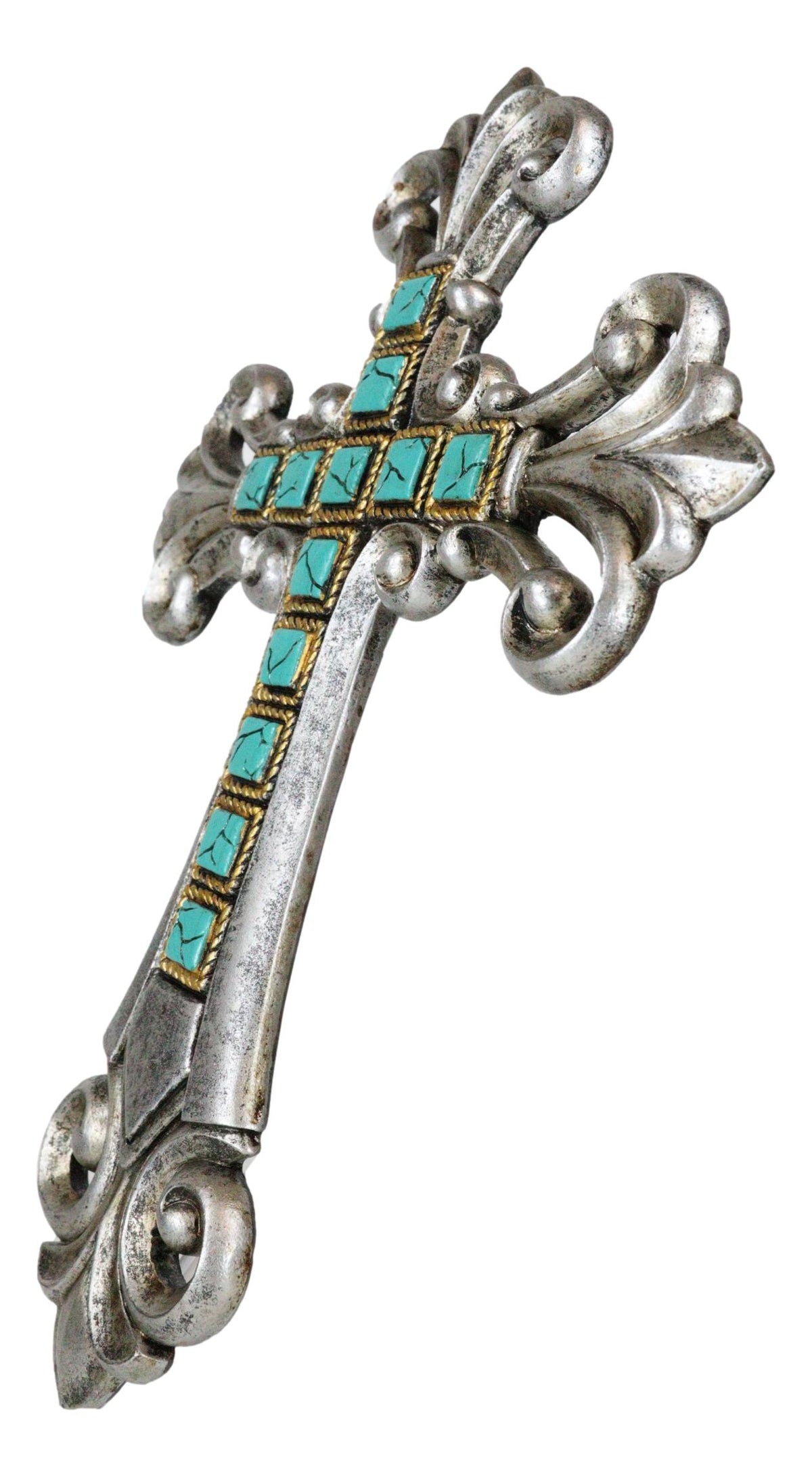 Southwestern Silver Tuscan Fleur De Lis Scrollwork Turquoise Rocks Wall Cross - Ebros Gift