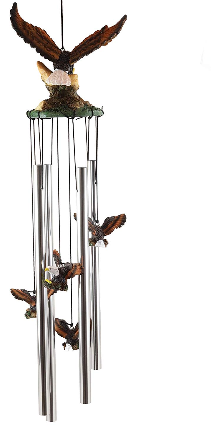 Ebros Gift Colorful American Bald Eagle Spreading Out Its Wings Resonant Relaxing Wind Chime Patio Garden Decor Wild Birds of Prey Eagles Swooping Resin Sculpture with Aluminum Rods - Ebros Gift
