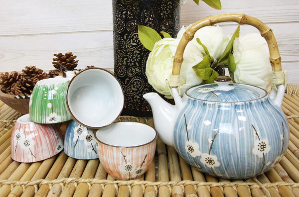 Ebros Japanese Sakura White Cherry Blossom Tea Set Ceramic Pot and